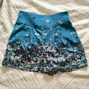 High waisted floral silk shorts